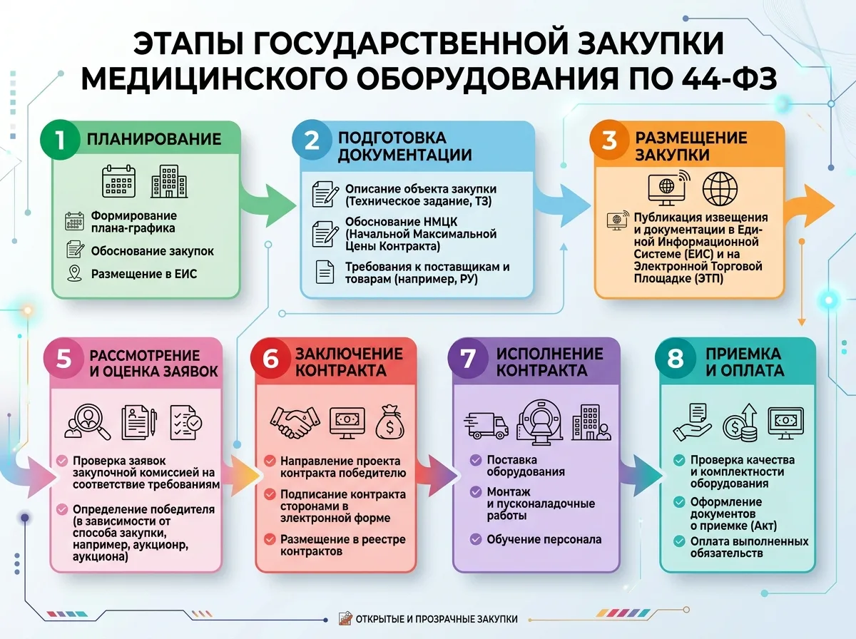 Схема этапов государственной закупки медицинского оборудования по 44-ФЗ — от планирования до исполнения контракта